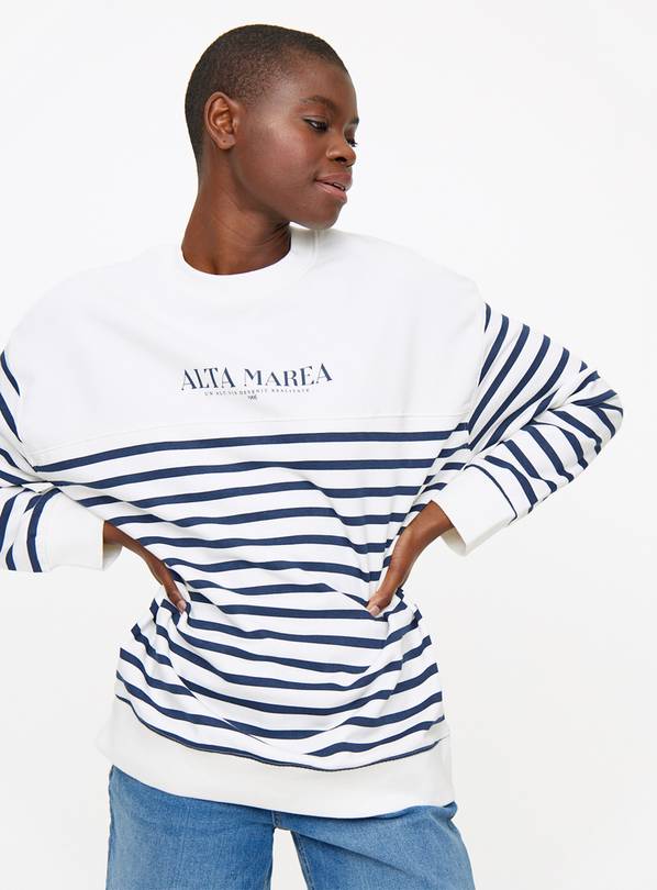 White Stripe Slogan Crew Neck Sweatshirt  L